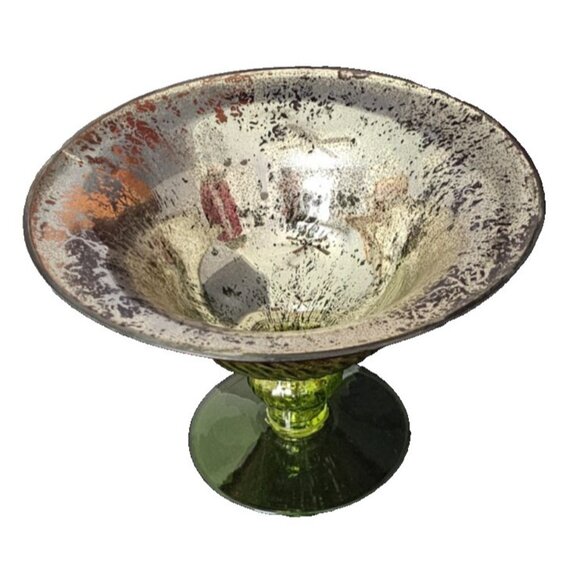 Vintage Green Glass Compote Dish, 7" Tall x 10" Wide Pedestal Bowl Decorative - Picture 2 of 8